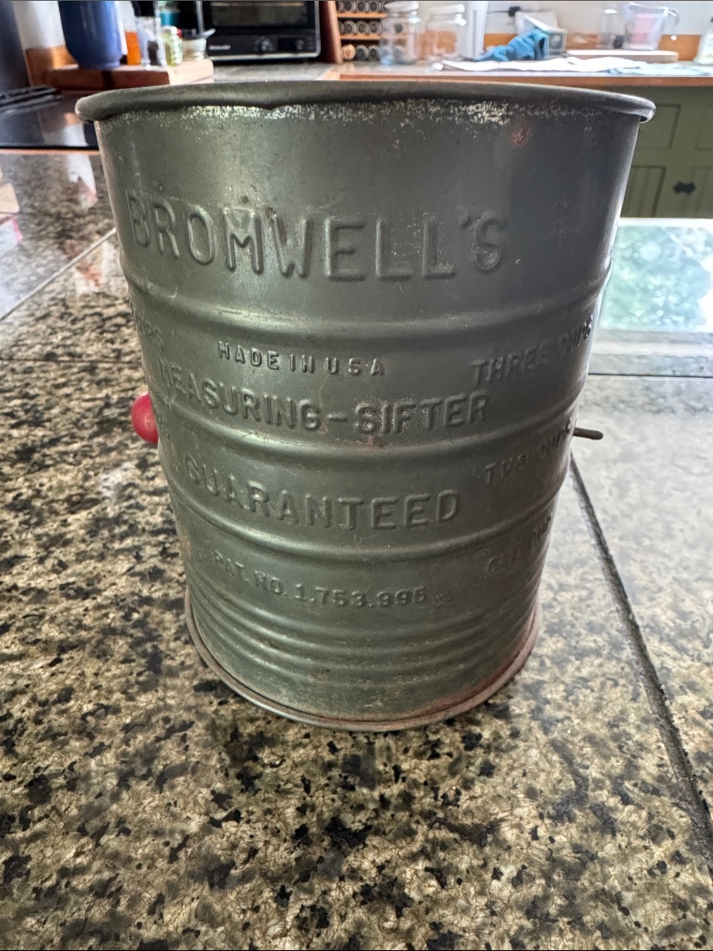 Bromwell’s Vintage Flour Sifter Metal with red wooden handle